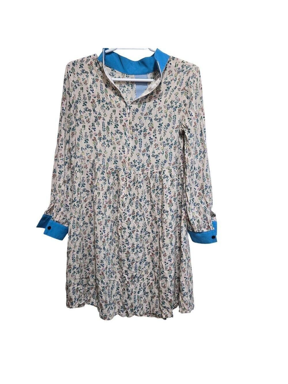 Floral A-Line Mini Dress Blue Contrast Collar Small